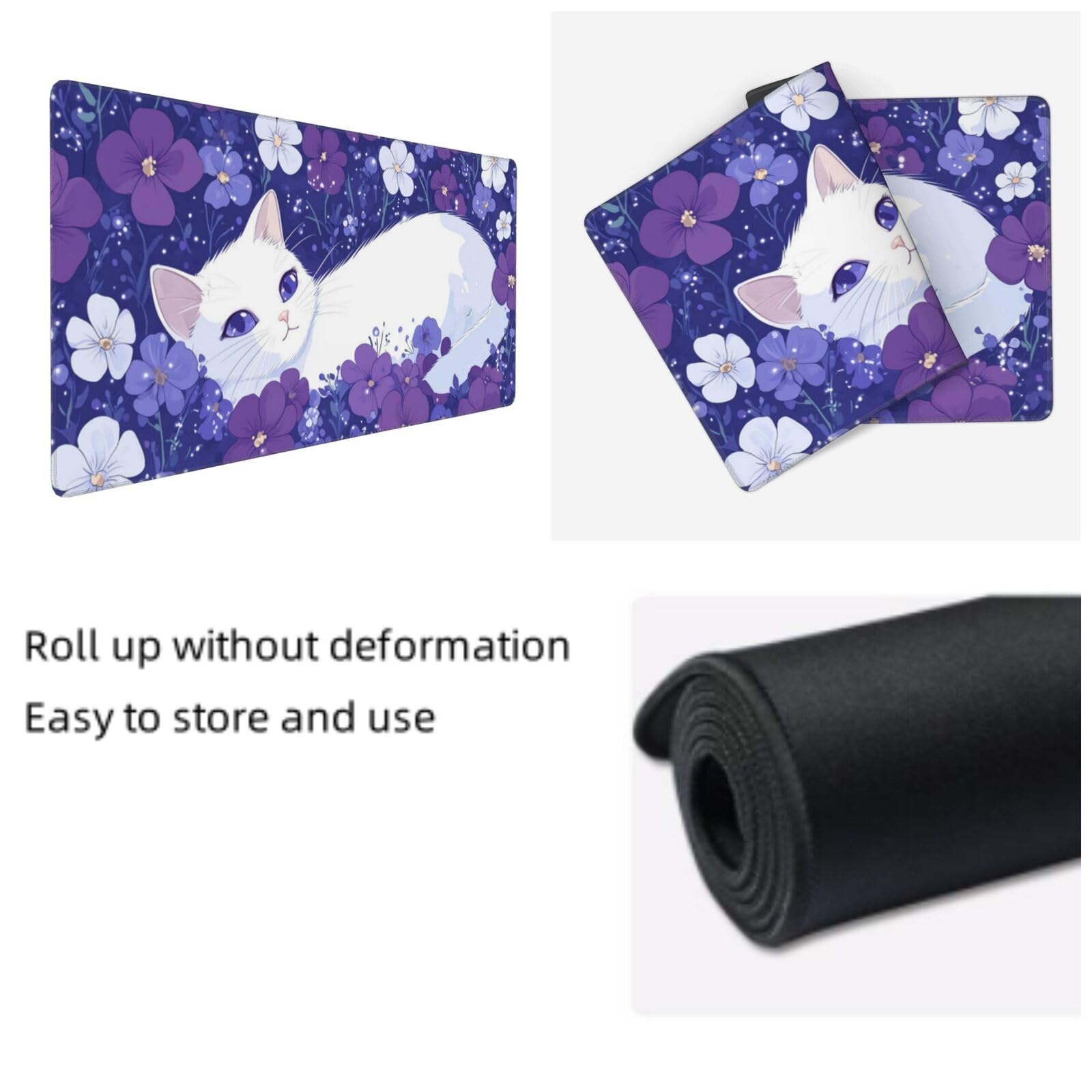 Tappetino Mouse XXL Fiore & Gatto, 100 x 50 cm Tappetino da Scrivania G486 | Tappetino per Mouse, Base in Gomma Antiscivolo, Superficie Impermeabile, Bordi Cuciti, Tappetino Scrivania per Ufficio, Gioco