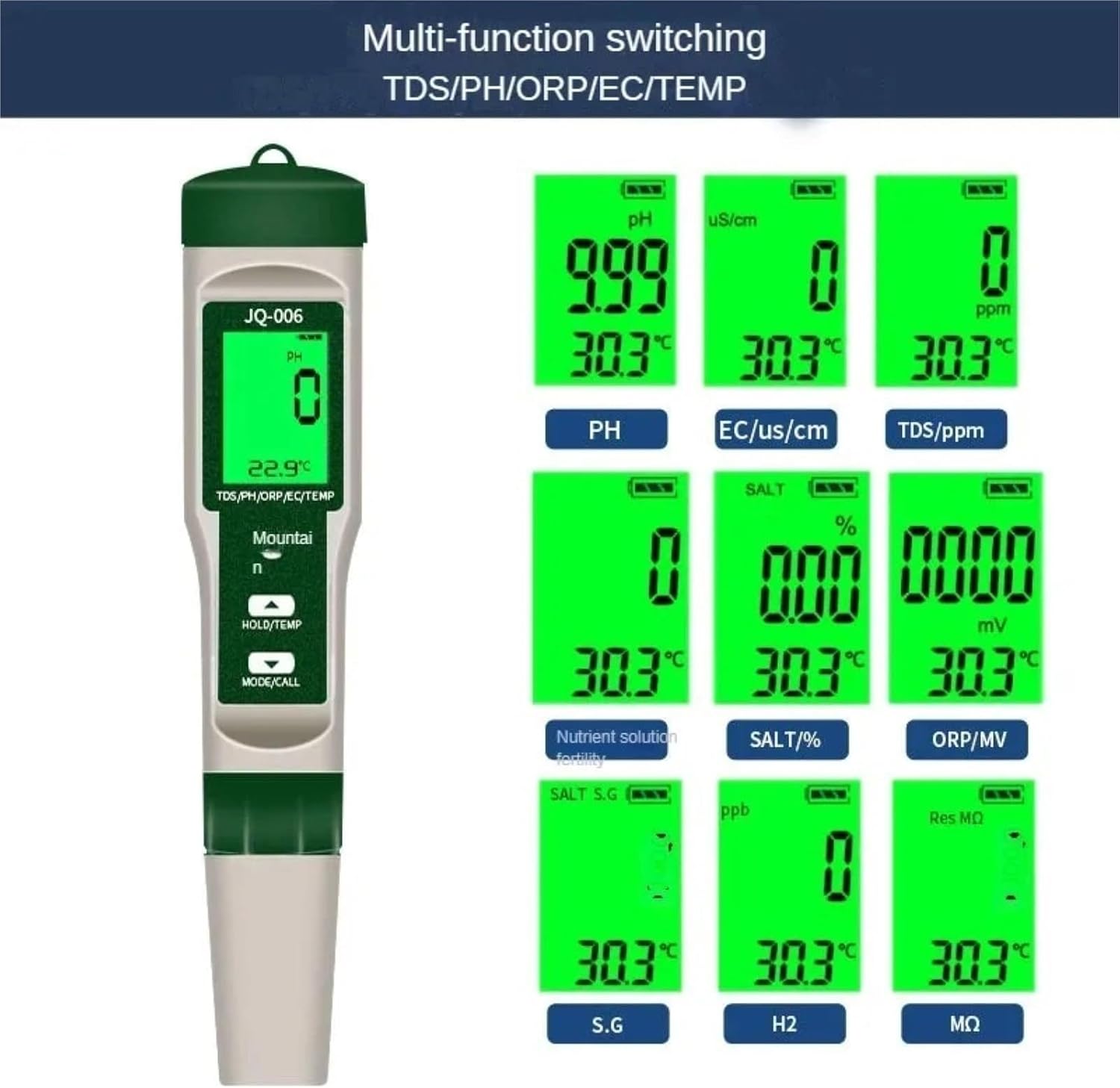 10-in-1 Water Quality Monitor - PH/EC/TDS/ORP/H2/Fertile/Salinity/S.G/Resistivity/Temp Multifunction Tester for Aquariums, Pools & More(10 in 1)