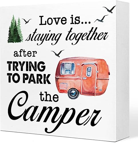 Cartel divertido de camping Cartel de madera con texto en inglés Love Is Staying Together After Trying to Park the Camper, decoración de