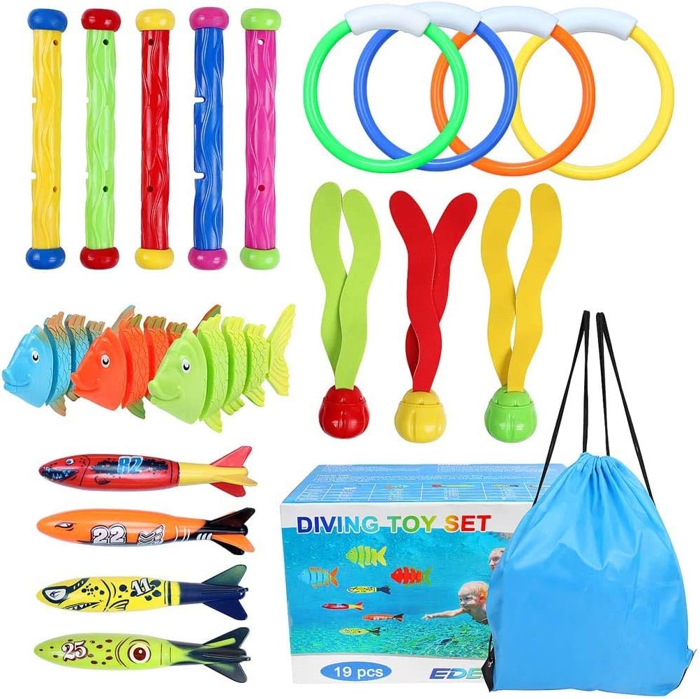 – 19PCS Pool Diving Toys Set Diving Rings Diving Toypedo Diving Sticks Aquatic Dive Balls Swimming Fish Swimming Pool Toys for Kids with Carrying Bag