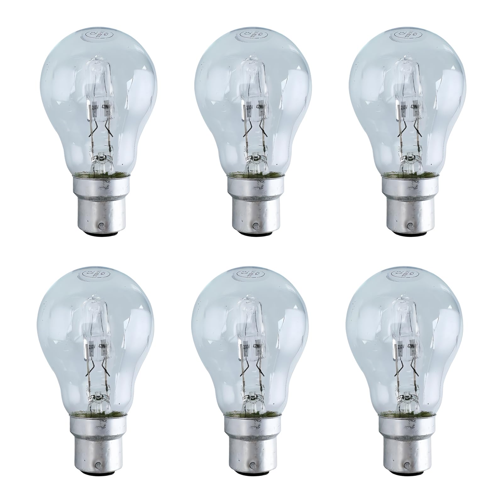 B22 Bayonet Light Bulb 42W Dimmable, Globe A55 B22d BC Bayonet Classic Clear Light Bulb, Warm White 2700K, 650LM, B22 GLS Clear Bulb for Chandelier, Ceiling Light Bulb, Pack of 6