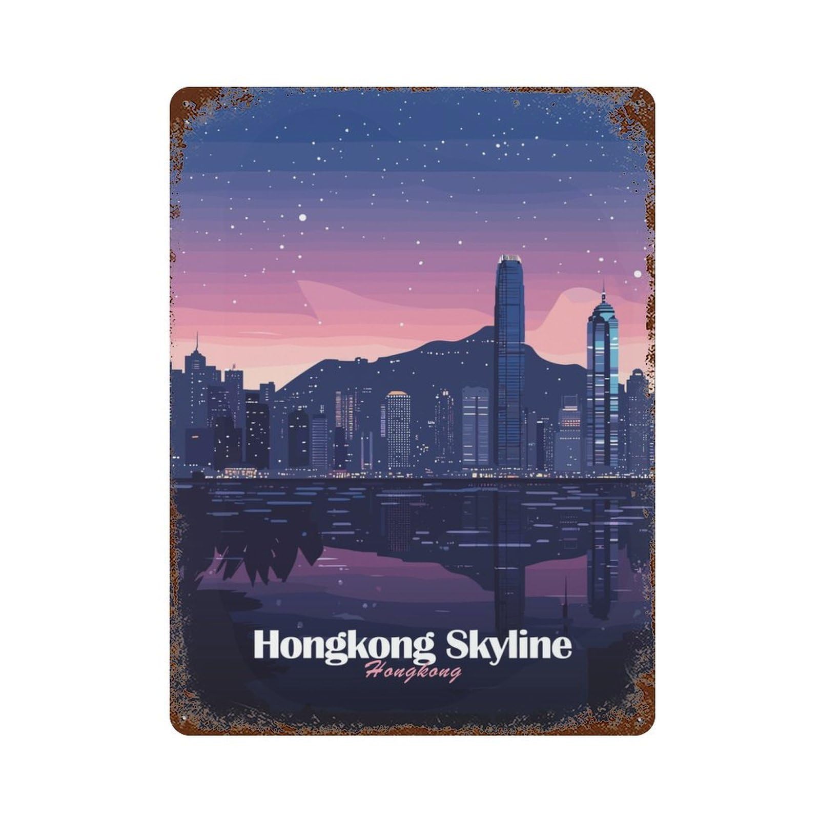 Rust Effect Hong Kong Skyline Night Rusty Metal Tin Sign 15.7"x11.8", Old School Wall Decor for Pub, Kitchen And Man Cave Decor