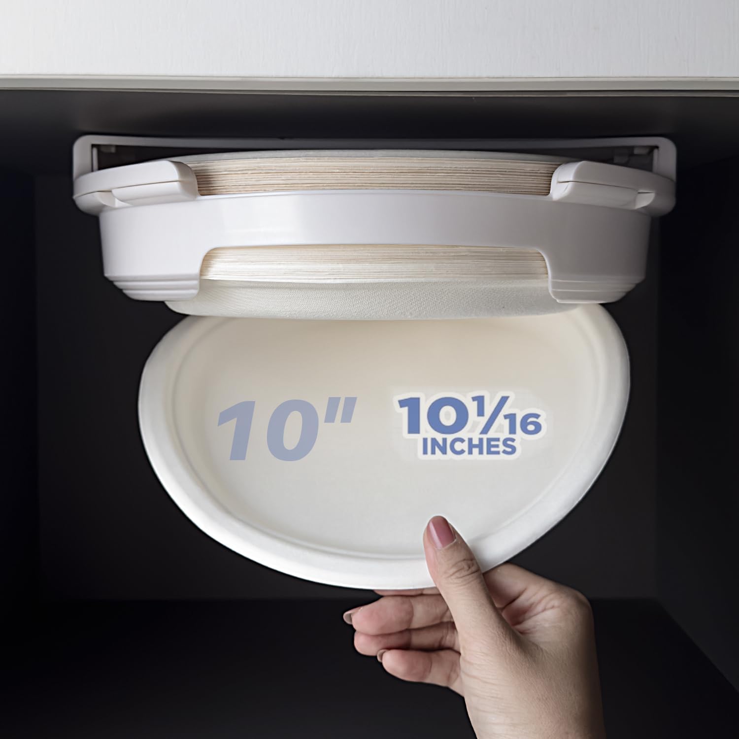 paper plate dispenser for 10 inches paper plates, under cabinet papers plates holder, can be taken up and down, suitable for rv travel and use for under kitchen cabinets