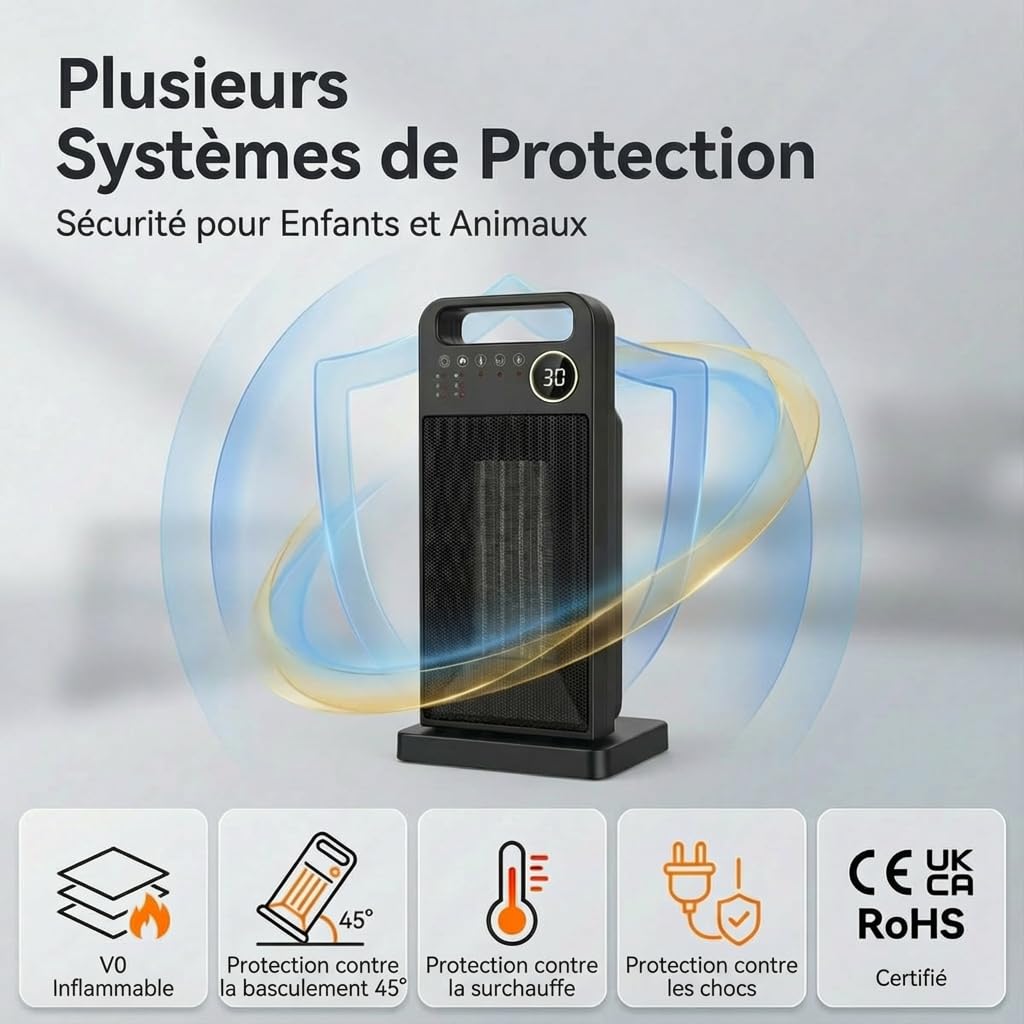 Radiateur soufflant céramique 2000W à économie d'énergie, chauffage électrique avec télécommande et minuterie, appareil de chauffage électrique, protection contre la surchauffe (2000D)