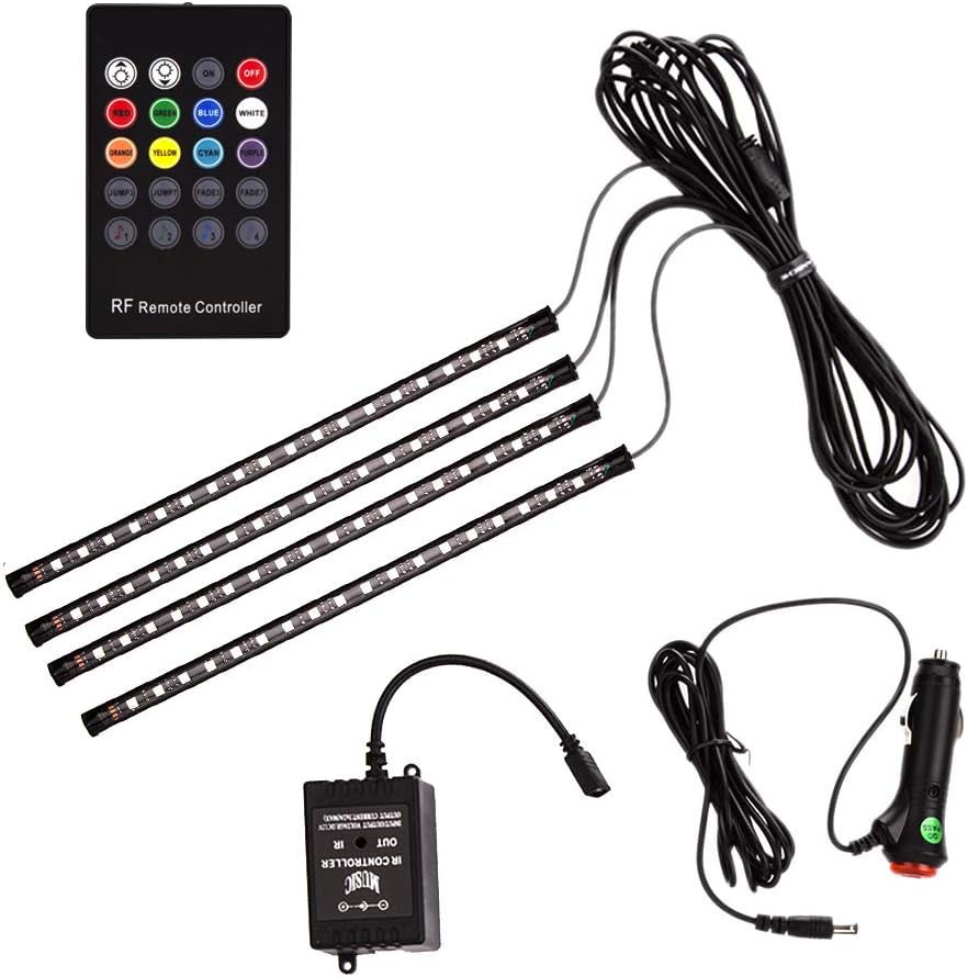 ANSCHE Car Interior Lights, 72 LEDs Car Ambient Lighting 12V Led Strip Lighting Kit RGB Underdash Footwell Neon Multi Color Van Camping Mood Lights with RF Remote Control, Car Charger Included [Energy Class A+++]
