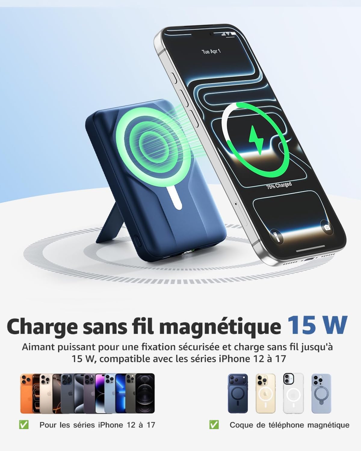 Azmuth Batterie Externe Magnétique Compatible avec MagSafe, 10000mAh Chargeur Portable sans Fil Power Bank Rapide 20W PD USB-C, avec Support & Affichage LED, pour iPhone 17/16/15/14/13/12 Série, Bleu