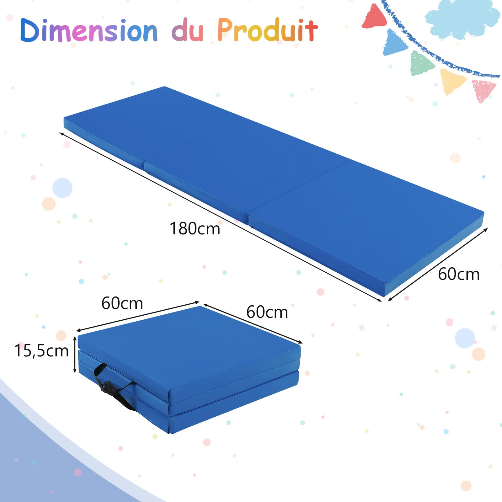 COSTWAY Tapis de Gymnastique Pliable Epais, Matelas d'Entrainement en Mousse et PU avec Poignées, pour Gymnastes Entraînements Sportifs Yoga, 180x60x5CM