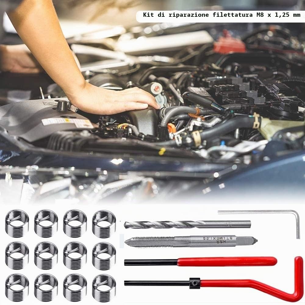 Kit di Riparazione Filettatura M8 x 1,25 mm, Kit di Riparazione per Filettatura in Acciaio Inox, Compatibile con Helicoil Coil