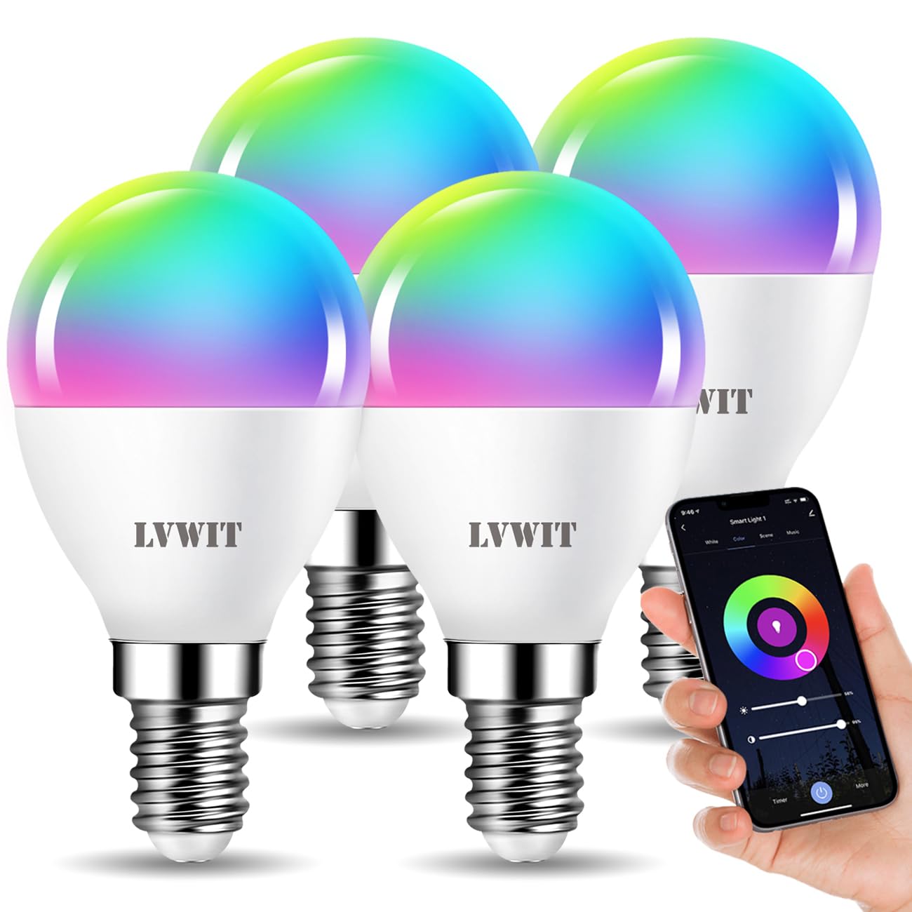 LVWIT Smart E14 Light Screw Bulbs,WiFi G45 Golf LED Bulb,470Lm, E14 Color WiFi,5W Replace 40 Watt,Smart Light Bulb Screw E14,Compatible with Alexa Google Assistant,TUYA/Smart Life APP Bulb 4 PCS