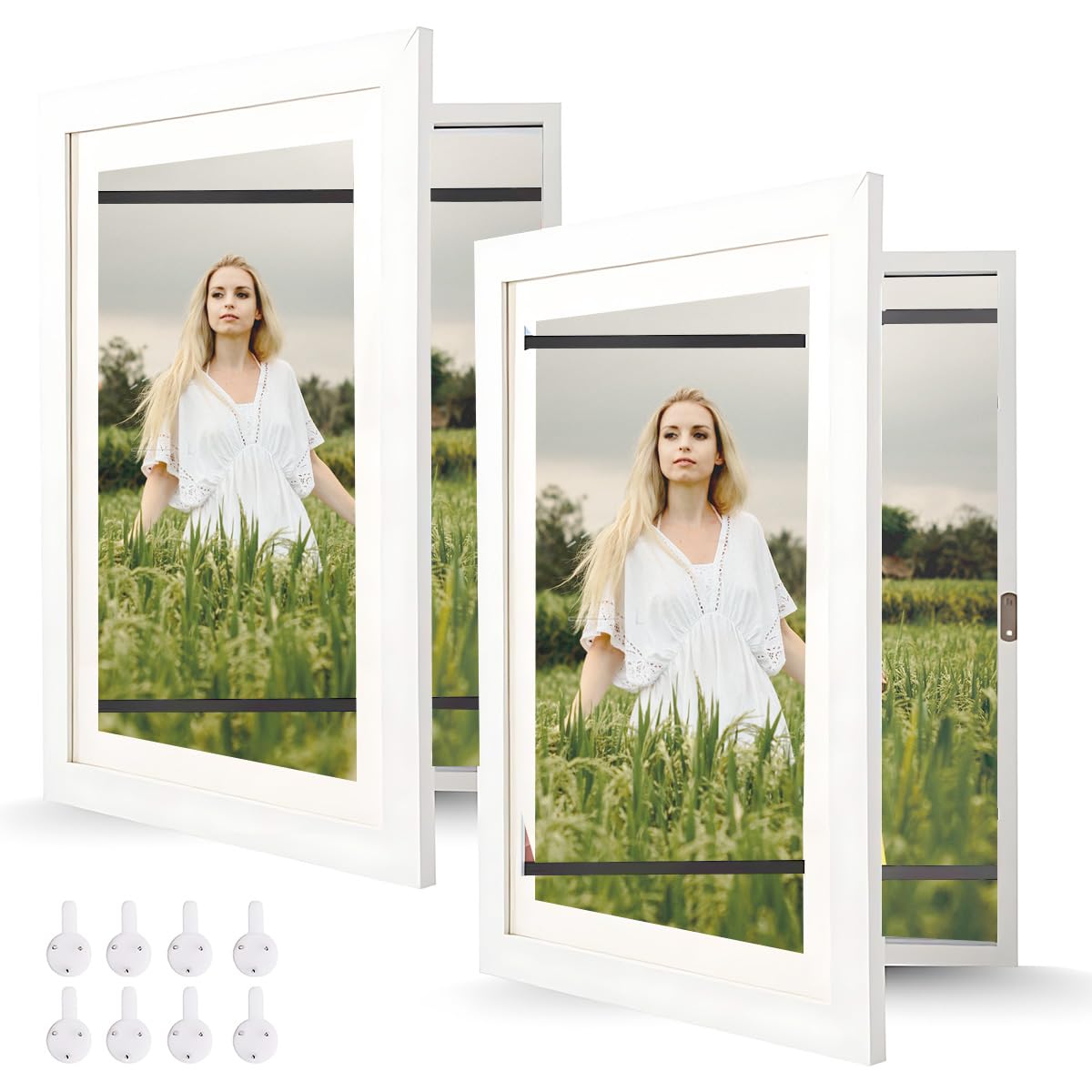 A4 Picture Frame 2PCS, Front Opening Photograph Frame Changeable with Corner Protectors 21 * 29.7cm Wall Hanging Poster Frames Display Pictures Art Projects Drawing Craft Hanging 3D Art Wall, White
