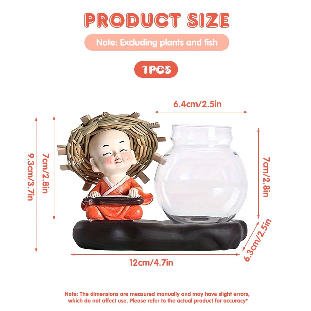HASTHIP® Zen Hydroponic Glass Bottle Smile Little Monk Resin Desk Green Decor - Image 2 thumbnail