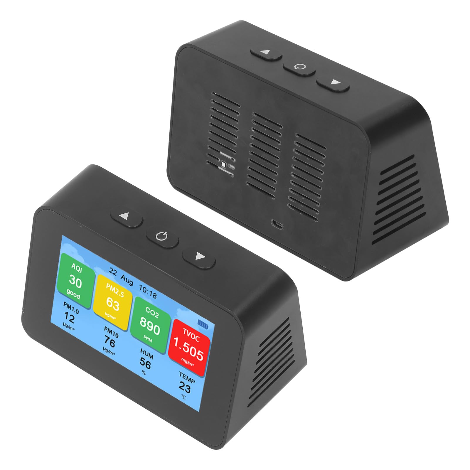 Hyuduo Monitor de Calidad del Aire, Detector LCD CO2 PM2.5 PM1.0 PM10 con Pantalla de Tiempo, Probador de Calidad del Aire Recargable Micro USB 3000 MAh para Uso en Interiores y Oficinas en el Hogar