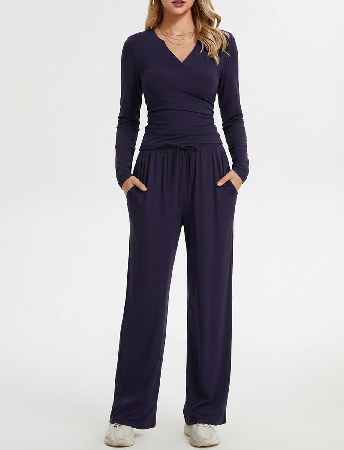 two Piece Matching Lounge Sets Women four seasons Travel Set V Neck Top Wide Leg Pants Airport Travel Outfit
