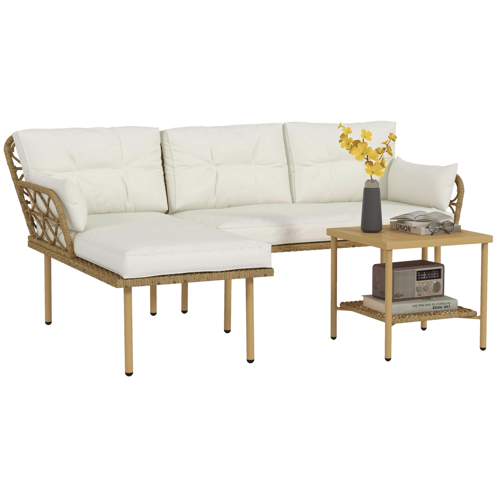 Outsunny Conjunto de Jardín de Ratán Sintético Juego de 3 Piezas Muebles de Jardín con 1 Sofá de 2 Plazas 1 Sofá Esquinera 1 Mesa de Centro Metálica y Cojines Anti-UV para Patio Natural y Crema