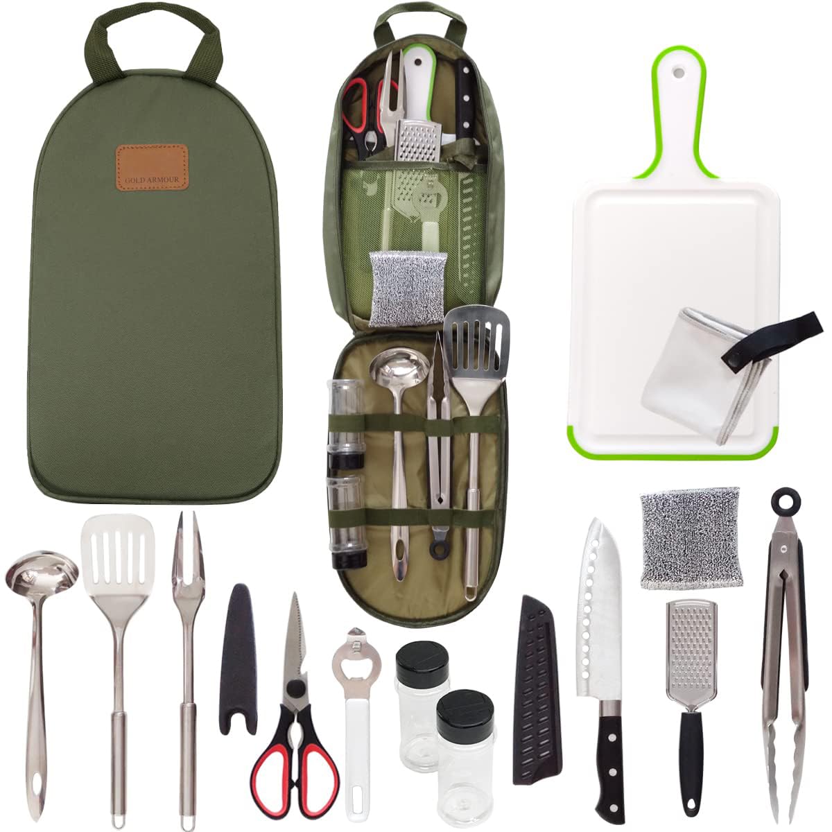 Gold ArmourCamp Kitchen Utensil Organizer Travel Set Portable BBQ Camping Cookware Stainless Steel Utensils Travel Kit Outdoor Equipment Cutting Board Tongs Scissors Knife Ladle Spatula