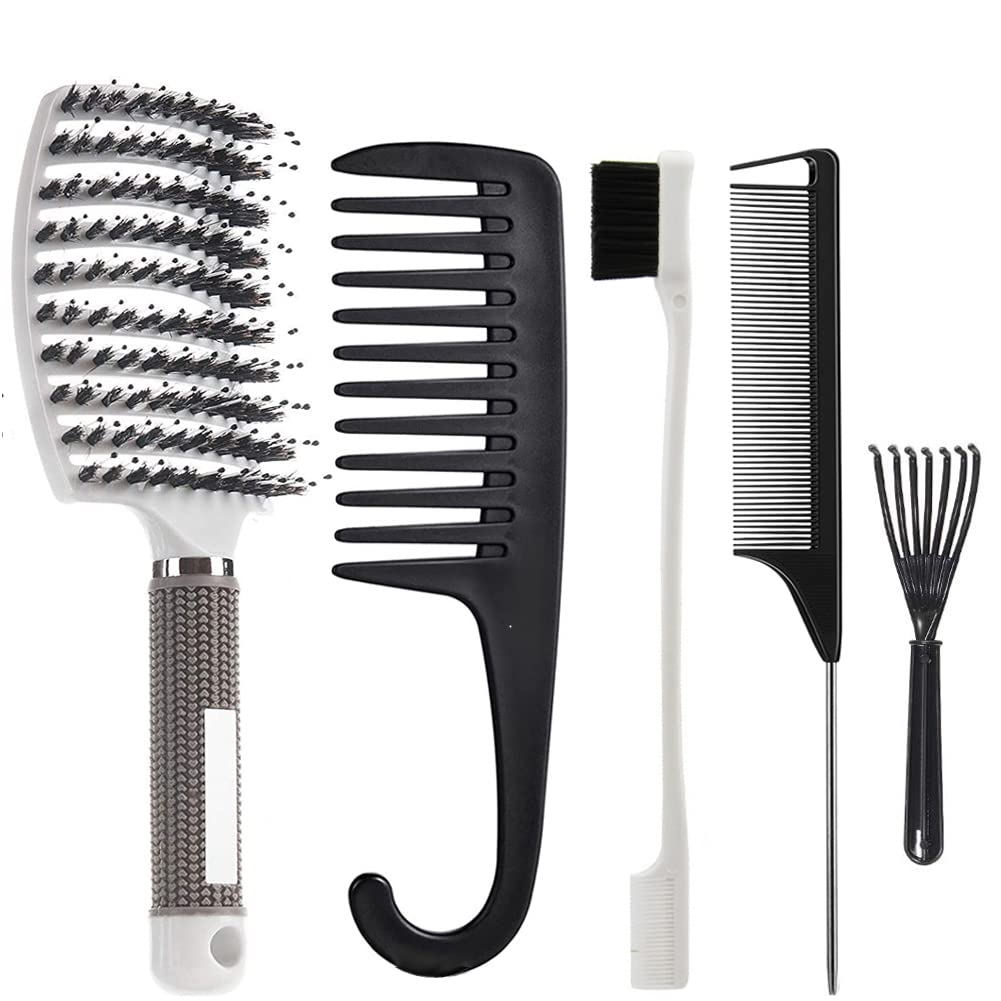 Amazon.com : 5 Pieces Boar Bristle Hair Brush Set, Curved Vented Detangling  Hair Brush with Wide Tooth Comb, Rat Tail Combs, Edge Brush, Brush Cleaner  for Women Men Kids, Curly Hair Brush