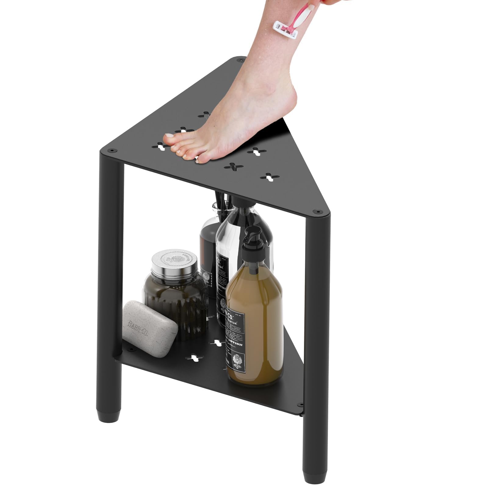 Gyykzz Metal Corner Shower Stool for Shaving Legs, Shower Stool for Inside Shower Waterproof, Bathroom Shower Corner Stool Small Step Stool, Matte Black Shower Foot Stool with Non-Slip Rubber Mat