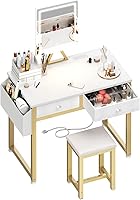 Lufeiya 32 Inch White Makeup Vanity Desk with LED Mirror Lights, Fabric Drawers, Power Outlet & Stool Set for Girls Bedroom