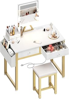 Lufeiya 32 Inch White Makeup Vanity Desk with LED Mirror Lights, Fabric Drawers, Power Outlet & Stool Set for Girls Bedroom