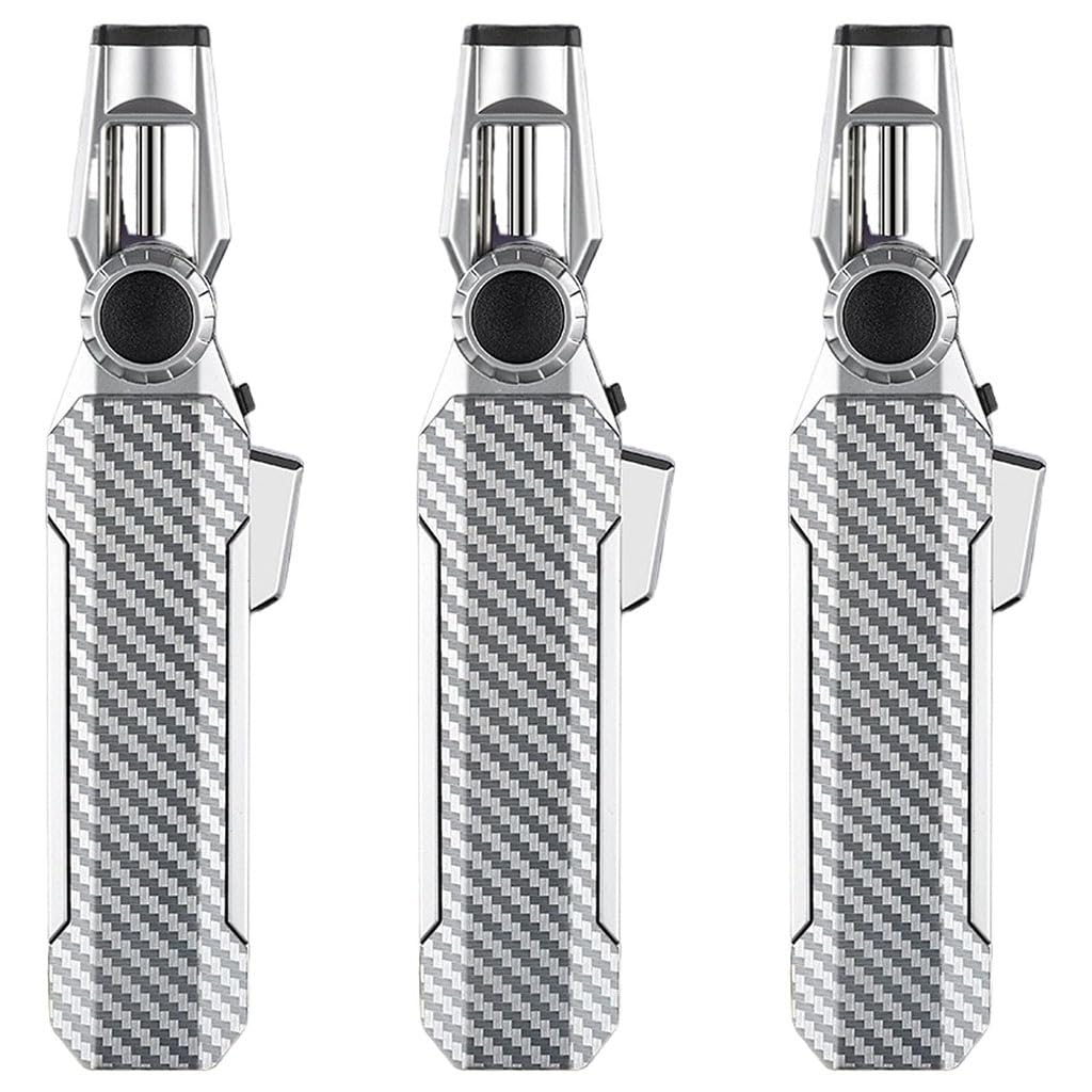Refillable Butane Camping Lighter Windproof Torch Flame Lighters for BBQ Grill Hiking Outdoor 3pack Silver