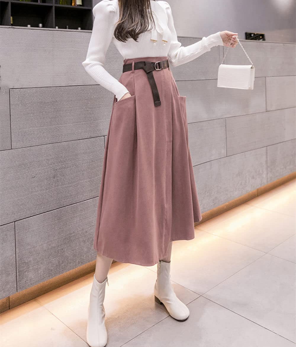 Faldas De Invierno para Mujer, Falda De Invierno Rosa para Mujer Cintura Elástica Falda Midi De Talle Alto con Bolsillos Cinturón Faldas Fruncidas Informales El(As Shown M)