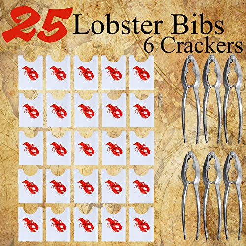 Lobster Cracker Tools and Bibs Set, 6 Seafood Crackers, 25 Disposable Lobster Bibs