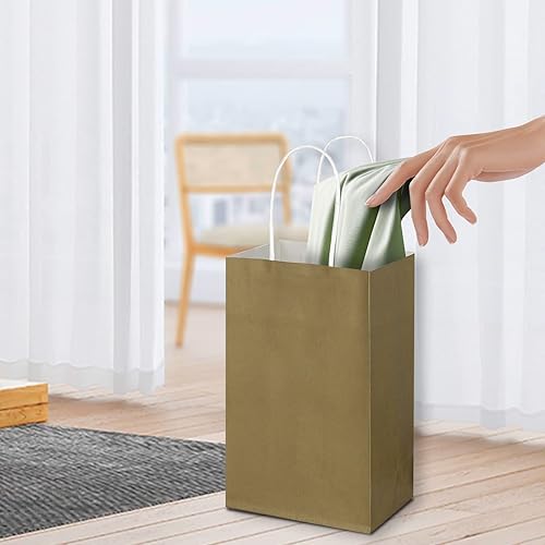 Miniatura 6 de Toovip Paquete de 50 bolsas pequeñas de papel kraft doradas de 5.25 x 3.25 x 8.25 pulgadas con asas a granel, bolsas de regalo para regalos de