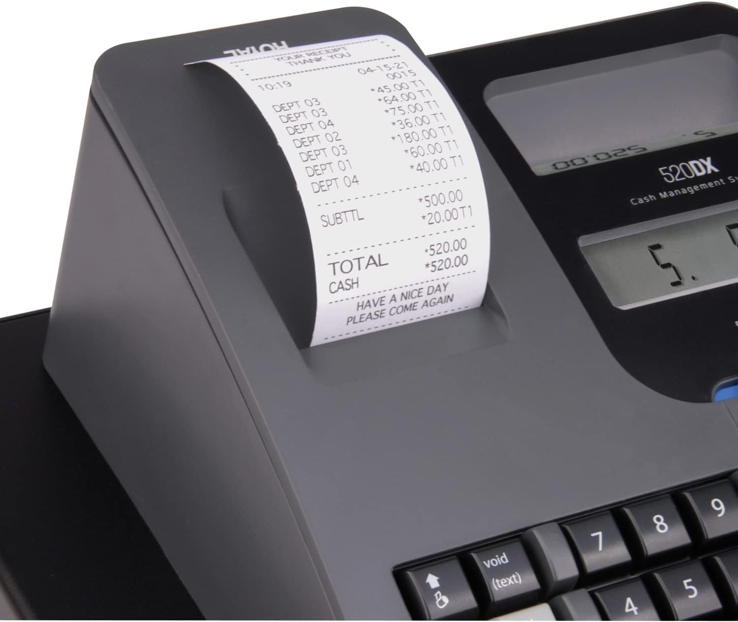 Close-up of the Royal 520DX cash register's thermal printer with receipt paper