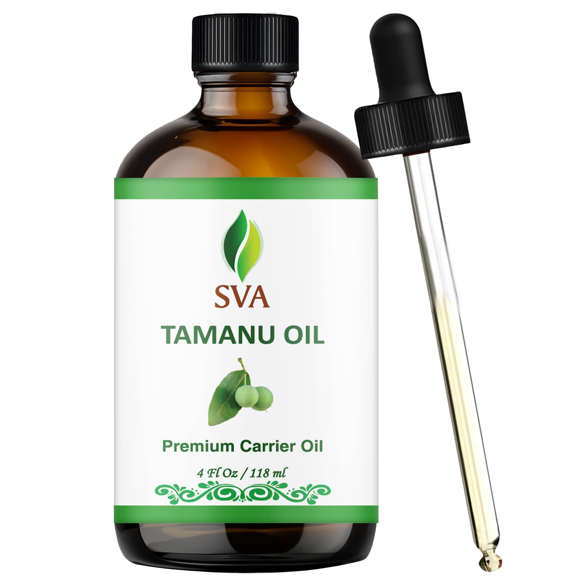SVA Tamanu Oil - 4 oz (118 ml)- 100% Pure, Natural, Unrefined & Therapeutic Grade Cold Pressed Carrier Oil with Premium Glass Dropper for Youthful Skin & Face, Nourished Hair, Nail Care & Aromatherapy