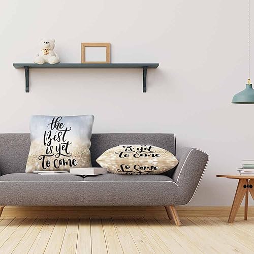 Miniatura 7 de Beabes Fundas de almohada con cita inspiradora "The Best is Yet to Come con purpurina dorada", funda de cojín cuadrada para sofá del hogar, juego de