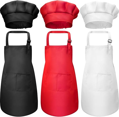 CHENGU Juego de 6 delantales y sombrero de chef para niños, delantal ajustable con 2 bolsillos para niños y niñas, para cocinar, hornear, pintar,