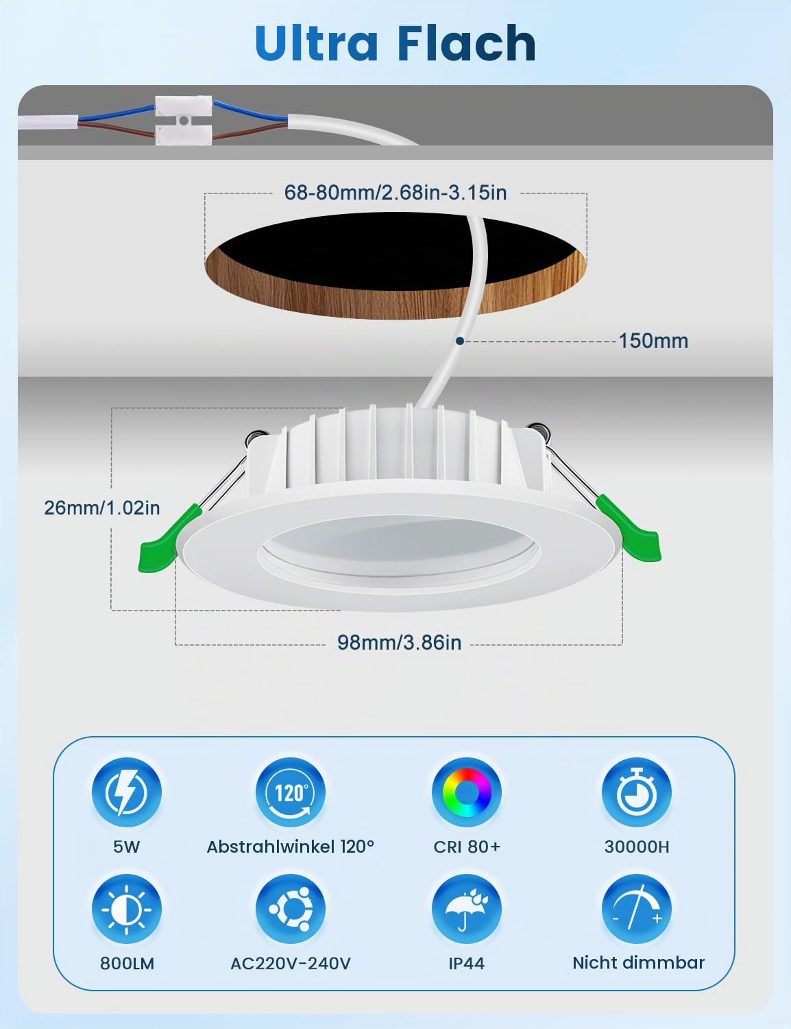 LED Einbaustrahler 230V Energieklasse B, 5W 800LM Warmweiß LED Spots | 68-80mm Lochmaß Spots Deckenleuchte, Ultra Flach IP44 Deckenspots für Badezimmer, Küche Wohnzimmer, Nicht Dimmbar, 12 Stück