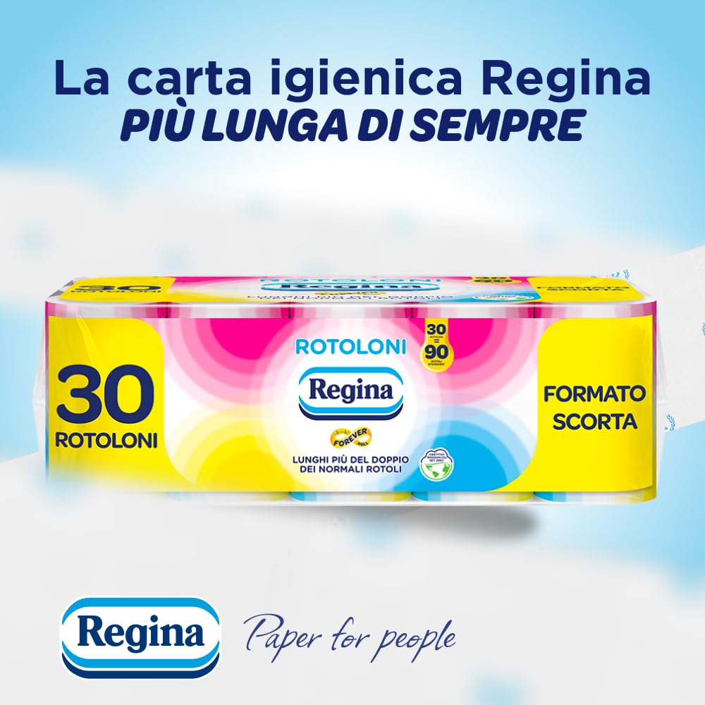 Regina Rotoloni - 30 Maxi Rotoli di Carta Igienica, 500 Fogli a 2 Veli, Lunghi Più del Doppio dei Normali Rotoli, Confezione 50% in Plastica Riciclata, Carta 100% Certificata FSC