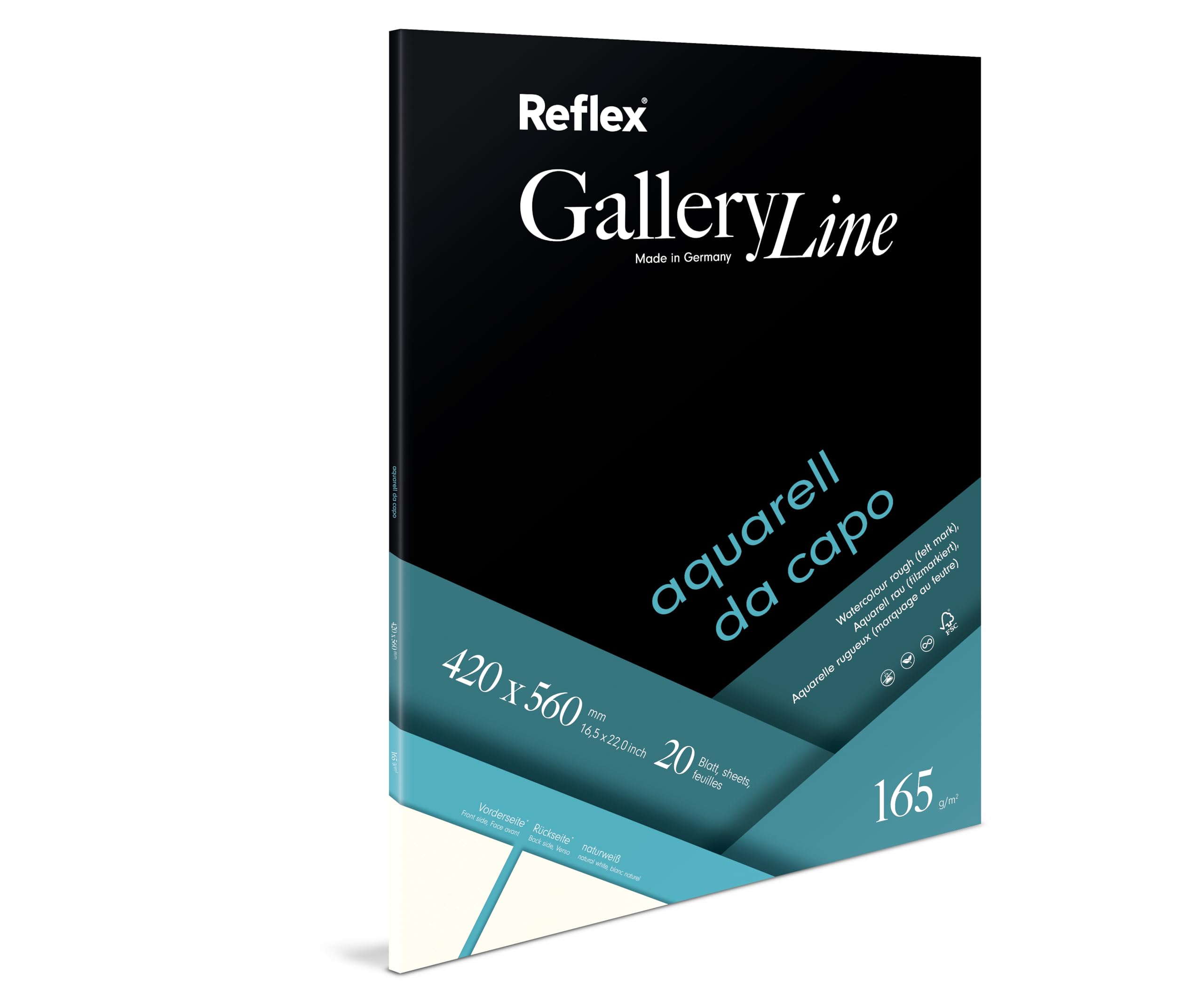 Reflex Watercolour Paper Da Capo 42x56cm 165g/m2 pad 20 Sheets, Anthracite, White, 42 x 56 cm