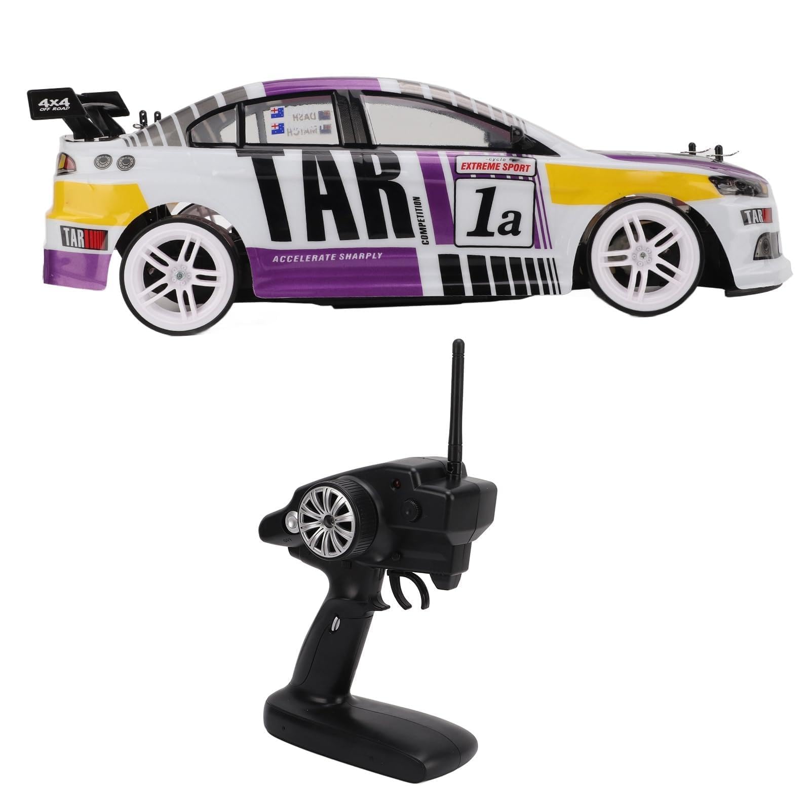 VGEBY 1/10 2.4G 4WD RC Samochód Wyścigowy do Driftu, Dioda LED Dużej Mocy, Lampa Kaskaderska, Zdalnie Sterowana, Zabawka Elektryczna z podwójną komorą Baterii i Oponami do Driftu, dla (2 baterie)