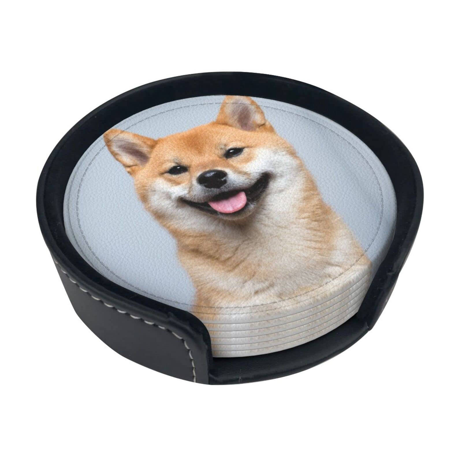 Aseelo Smiling Shiba Inu Coaster,6 Pcs Leather Coasters, For Drinks Absorbent With Storage Box
