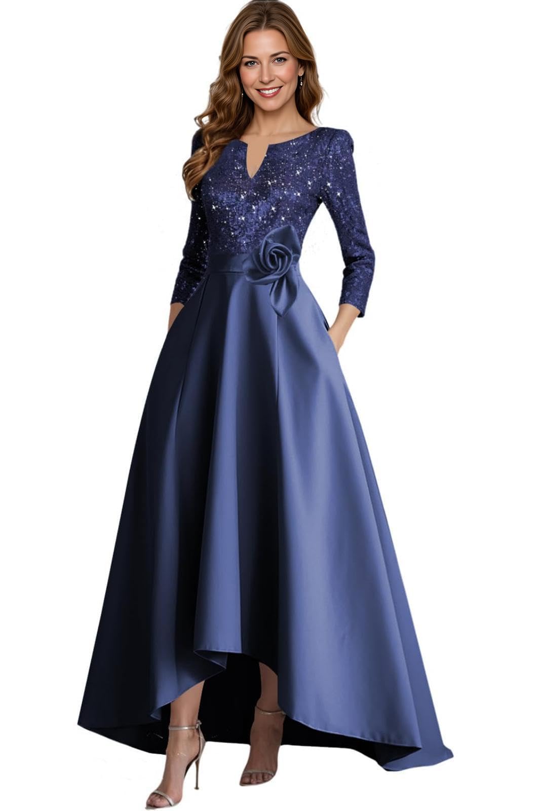 Satin Mother of The Bride Dresses - Sparkly Sequin Hi-Low 3 4 Sleeve Formal Evening Dress for Women