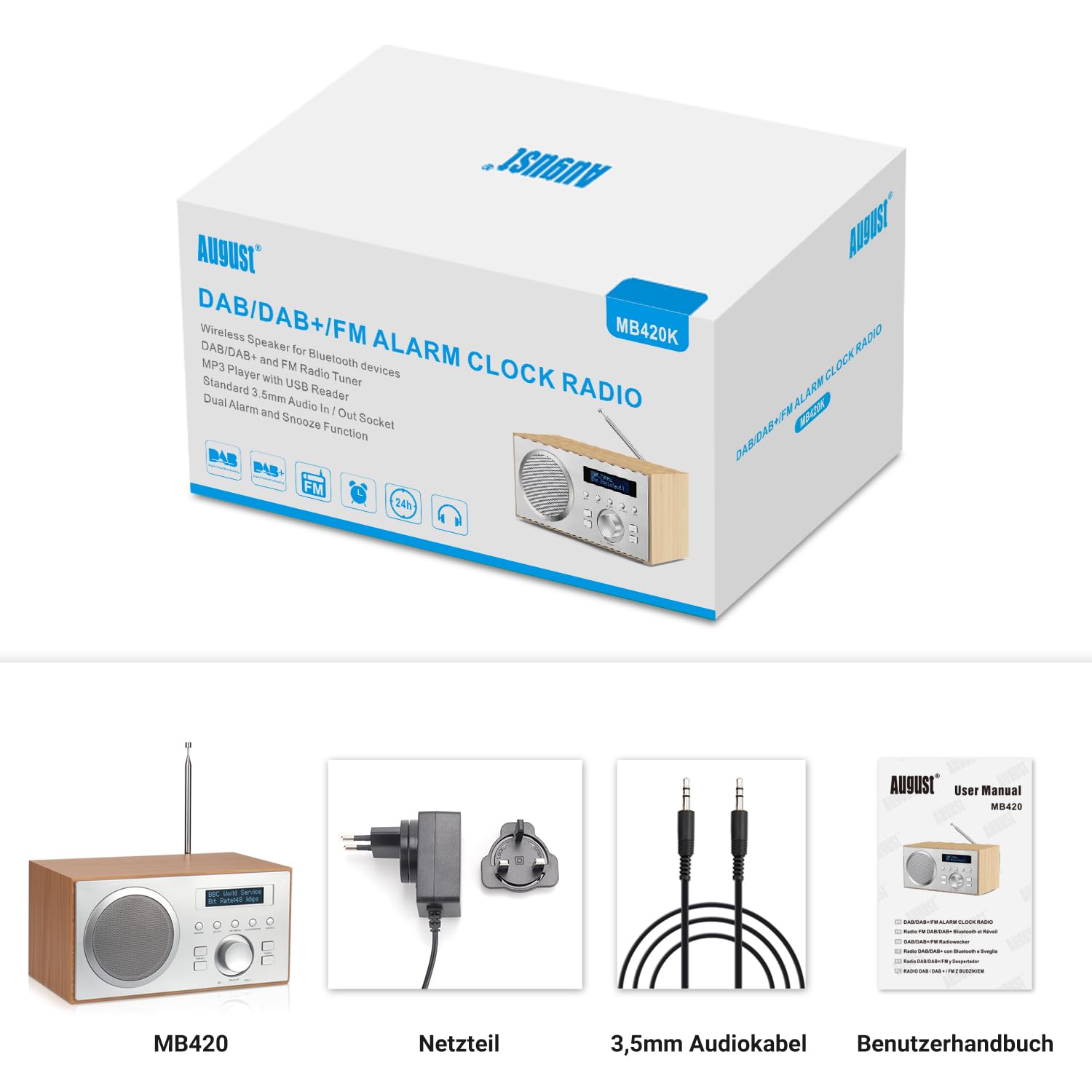 August MB420 DAB+/FM Radio mit Bluetooth digitales Küchenradio mit Holzgehäuse mit RDS-Funktion 60 Presets Hifi Lautsprecher 5W - Radiowecker mit Sleeptimer Alarm Snooze - USB/Aux-In/Aux-Out