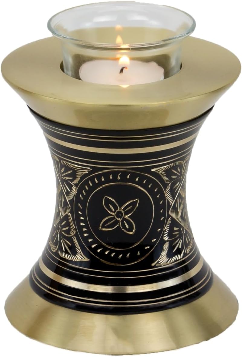 Black Elegance Tealight Cremation Urn for Ashes, Brass Memorial Candle Urn, Extra Small Sized Cremation Urn, 5.5 Inches High