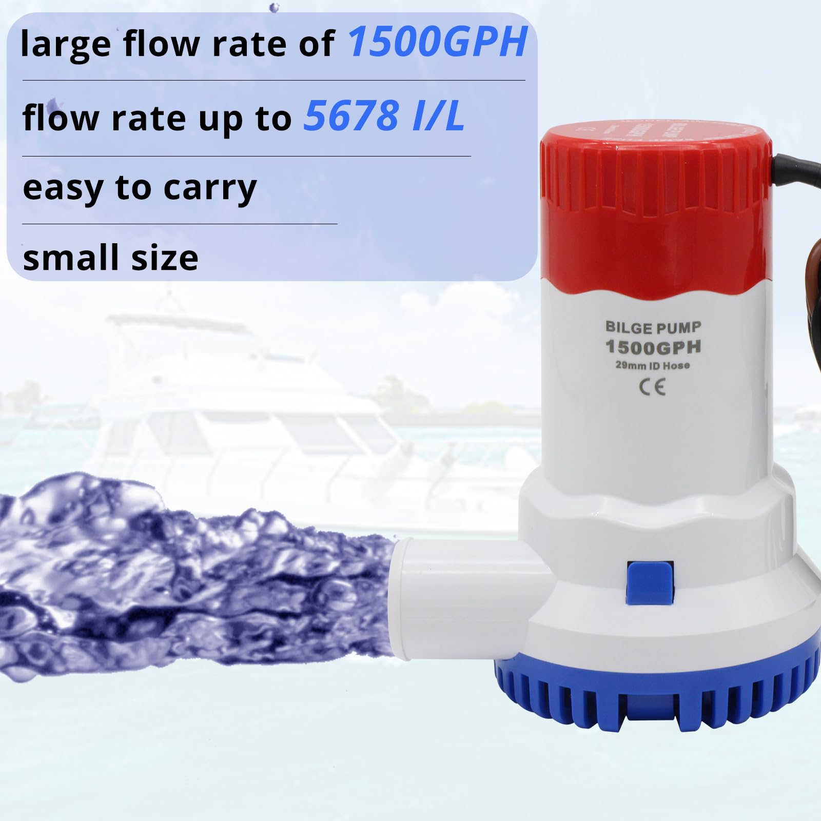 Bilgepumpe 12V 1500GPH Boot Bilge Wasserpumpe, Elektrische Marine Bilgepumpe mit Automatischer Boot Bilgepumpe Schwimmerschalter