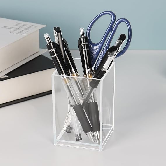 Top-spring Acrylic Pen Pencil Holder, 2 Pack Clear Desk Organisers for Pens, Pencils, Makeup Brushes, Pen Pot for Classroom, Office,Stationary Organiser (A)