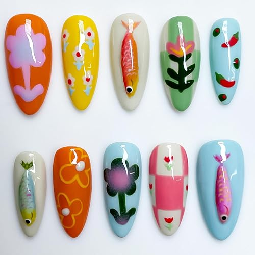 24 Pcs Medium Length Press on Nails Almond Fake Nails RIICFDD Cartoon Nails with Fish and Flower Pattern Designs Cute Acrylic Nails Full Cover Stick on Nails for Women Girls Nail Decoration - Style 11