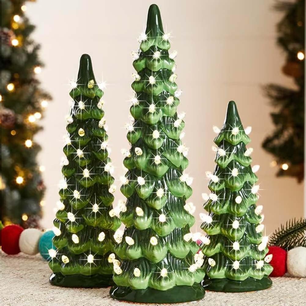 Árboles De Navidad Retro Pintados a Mano Con Temporizador, Luces LED Y Pilas. Decoración Navideña Para El Hogar, Chimenea, Adorno Festivo Coleccionable, Regalo De Navidad.(3pcs Warm White)