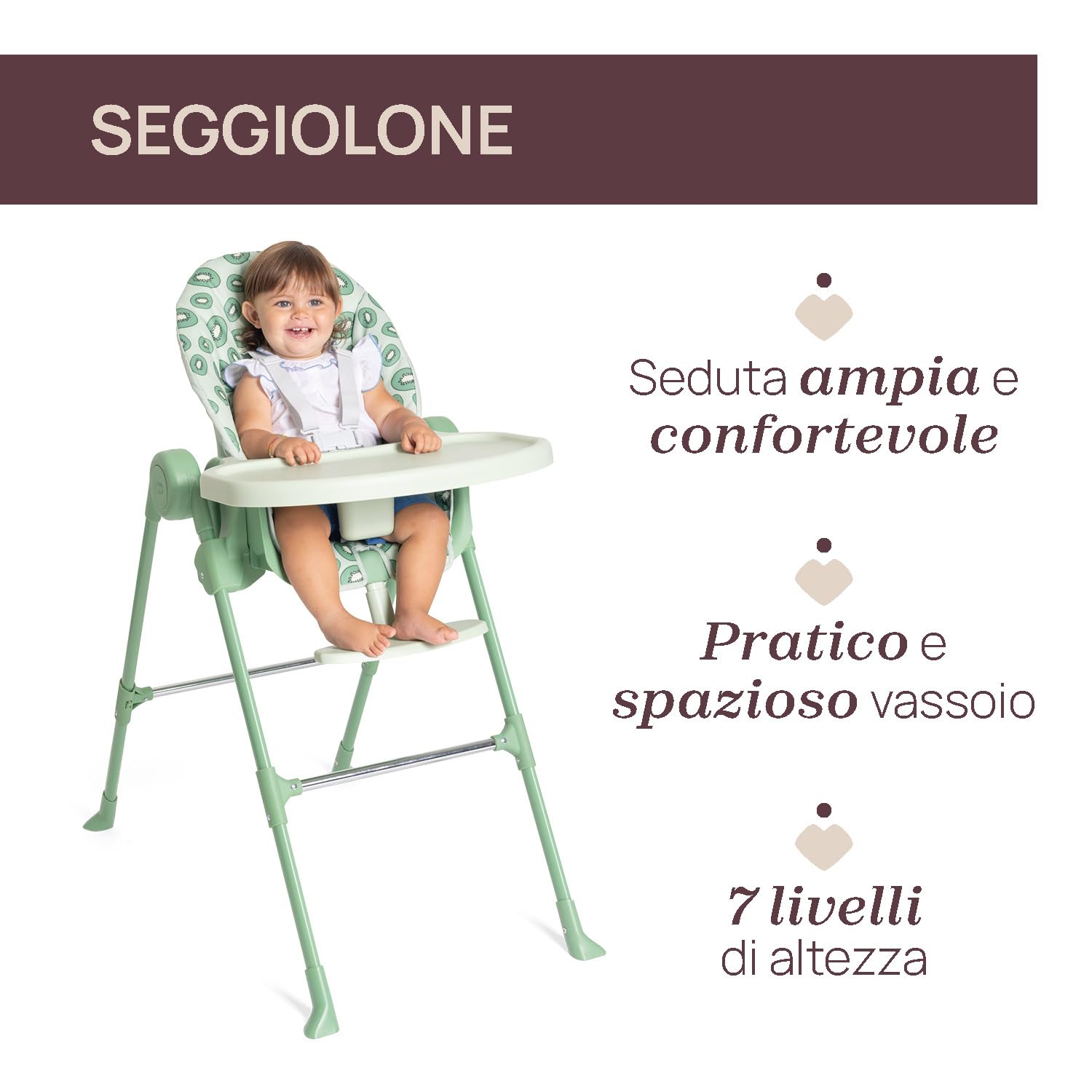 Chicco Polly Essential Seggiolone Pappa Evolutivo per Bambini da 0 Mesi a 15 KG, Reclinabile in 3 posizioni, 7 Livelli di altezza, Chiusura Compatta, Tessuto in poliestere riciclato, Verde