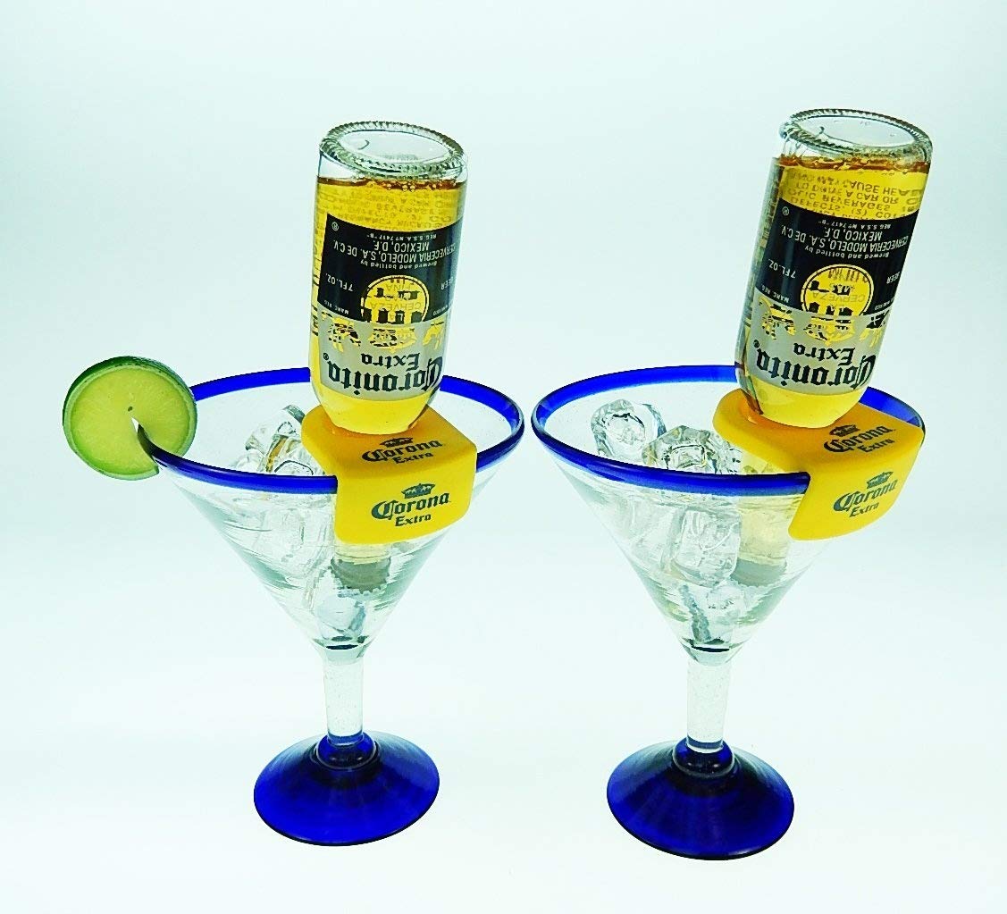 Mexican Glass Margarita Blue Rim 20 Oz with Coronarita Clips Corona Beer Holders (set of 2)