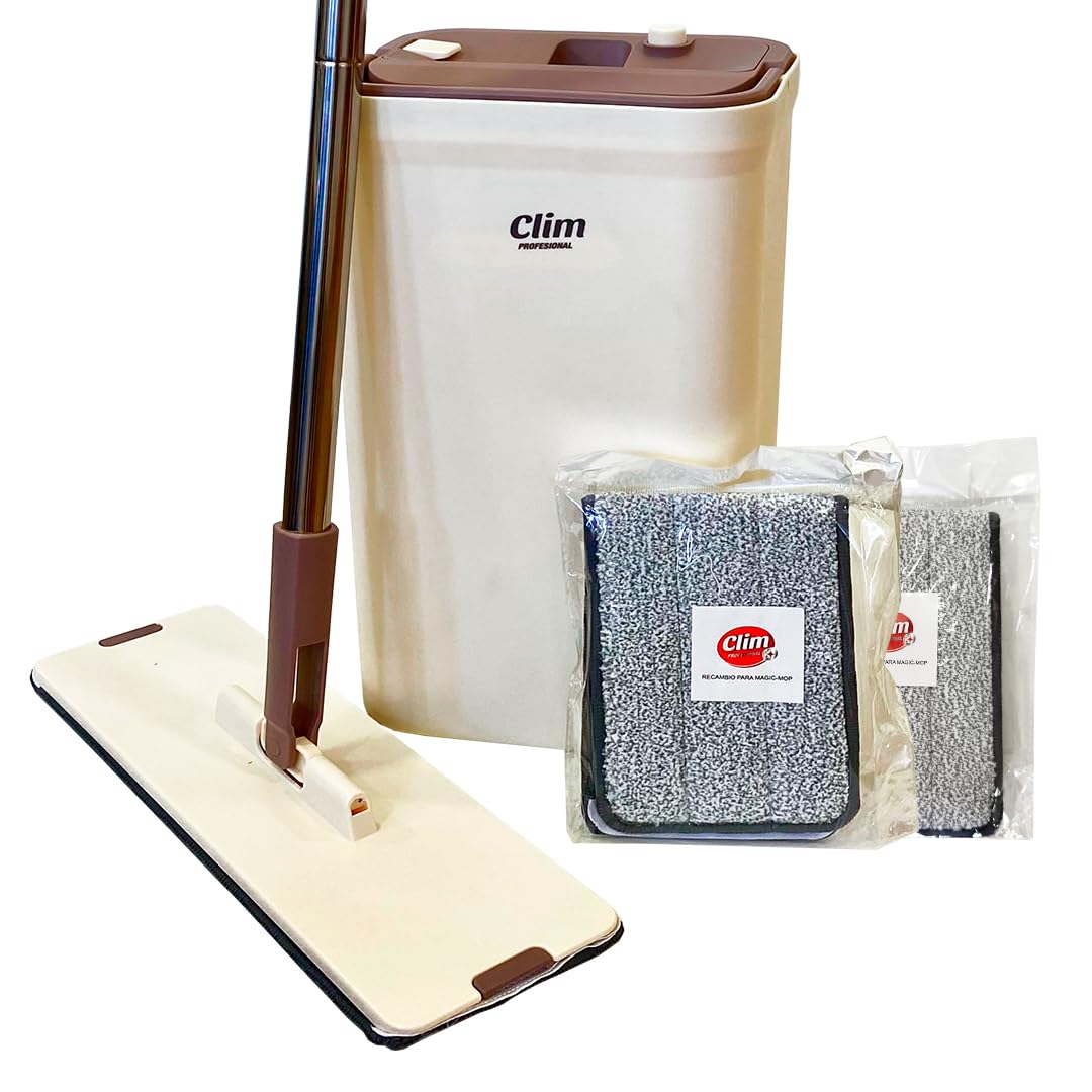 Clim Profesional Magic Mop - Mopa para Fregar con Cubo Autolimpiable.2 Recambios de Microfibra Lavables.​Mango Acero Inoxidable.​Empuñadura Antideslizante.​Fregado de Suelos de Mármol,​Madera,​PVC,​Muebles