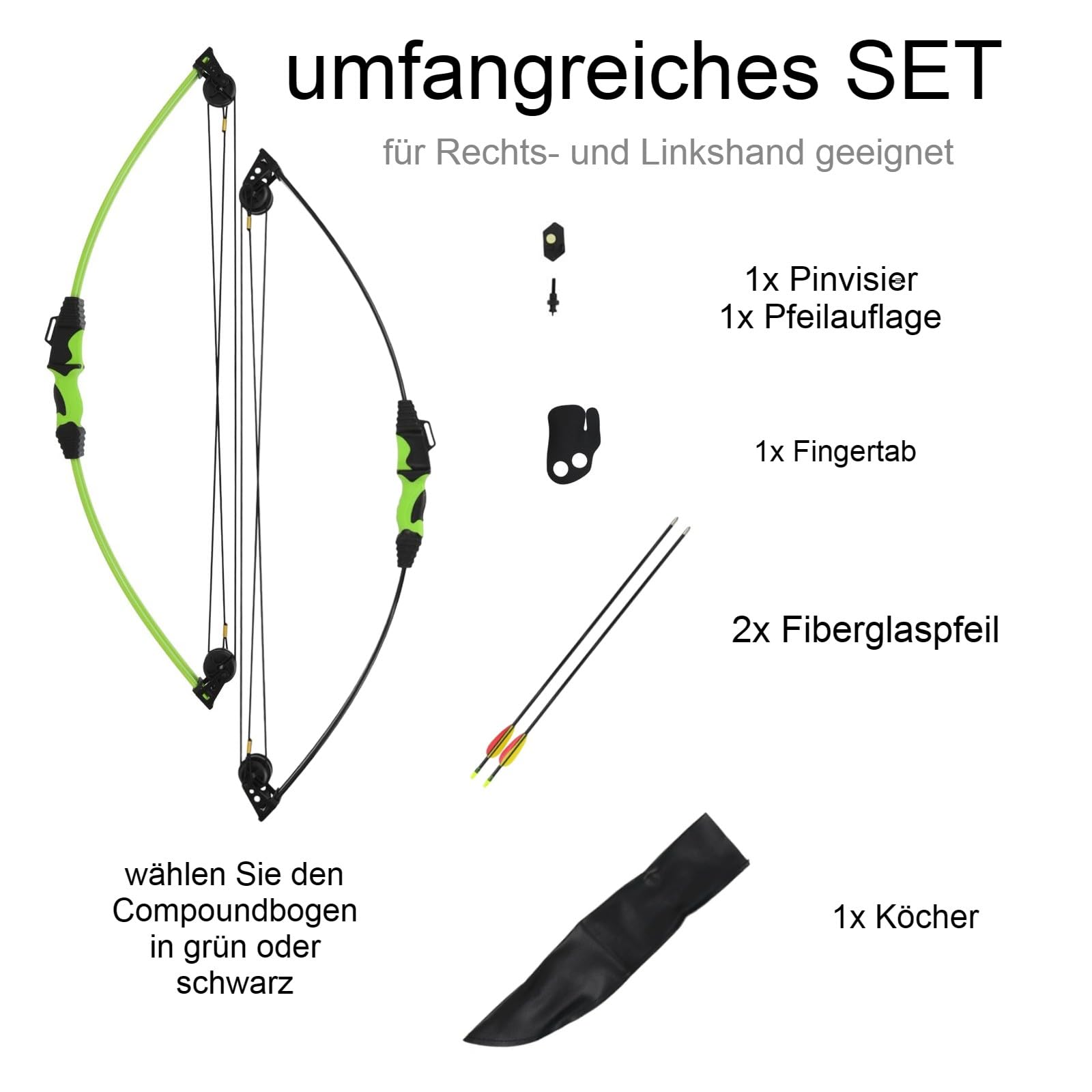 Compoundbogenset 12 lbs mit Pfeilen, Pinvisier, Köcher | Armschutz und Fingertab, beidhändiger Bogen mit 24 Zoll Auszug und 34 Zoll Länge für Bogensport Einstieg