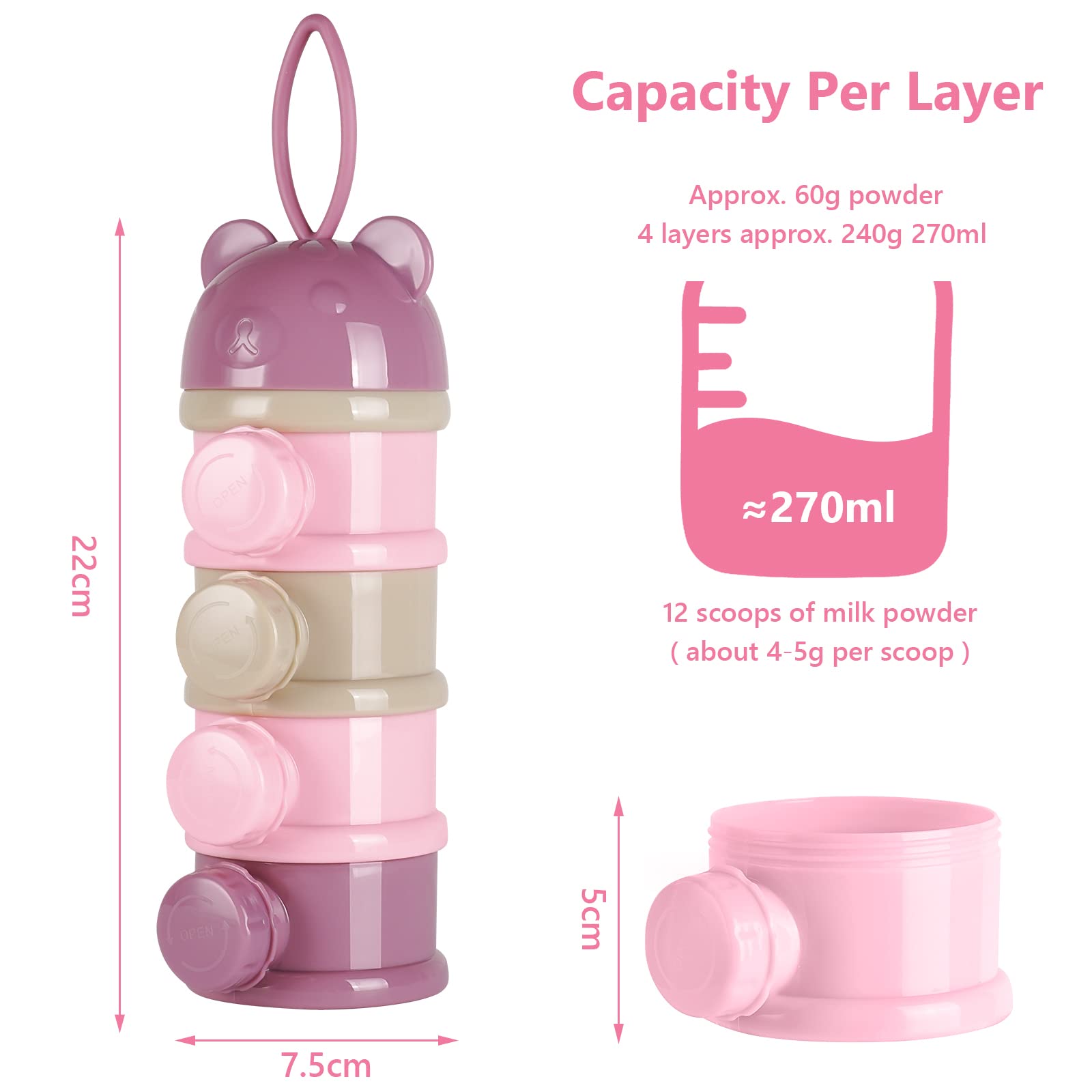 Vicloon Dosatore per Latte in Polvere, Dispenser di Latte in Polvere con 4 Scomparti, Impilabile Contenitore Spuntino e Dosalatte in in Polvere per Viaggio, Cereali, Frutta (Rosa)