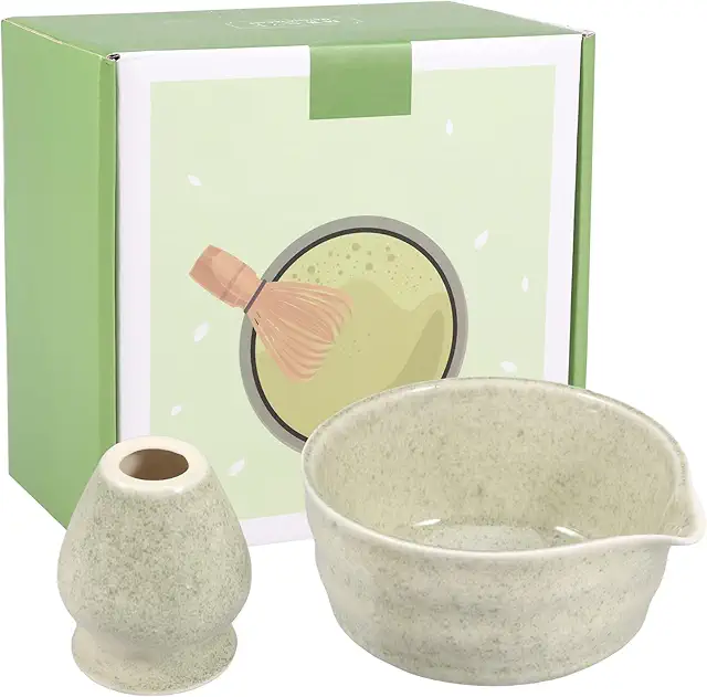 HuhWafee 500ml Ceramic Matcha Bowl & Whisk Stand Set - Japanese Tea Bowl for Beginners