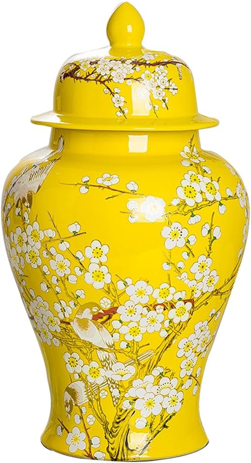 ZHOUXIAO Ceramic Vases Ginger Jar with Lid for Home Decor, Flower Birds Pattern Temple Jar Vase Jingdezhen Traditional Chinese Porcelain Dried Flower Vases Decoration for Liv Yellow-L, Large